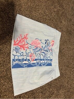 Striped Nautical Coral Print Skirt - Blue, White & Pink